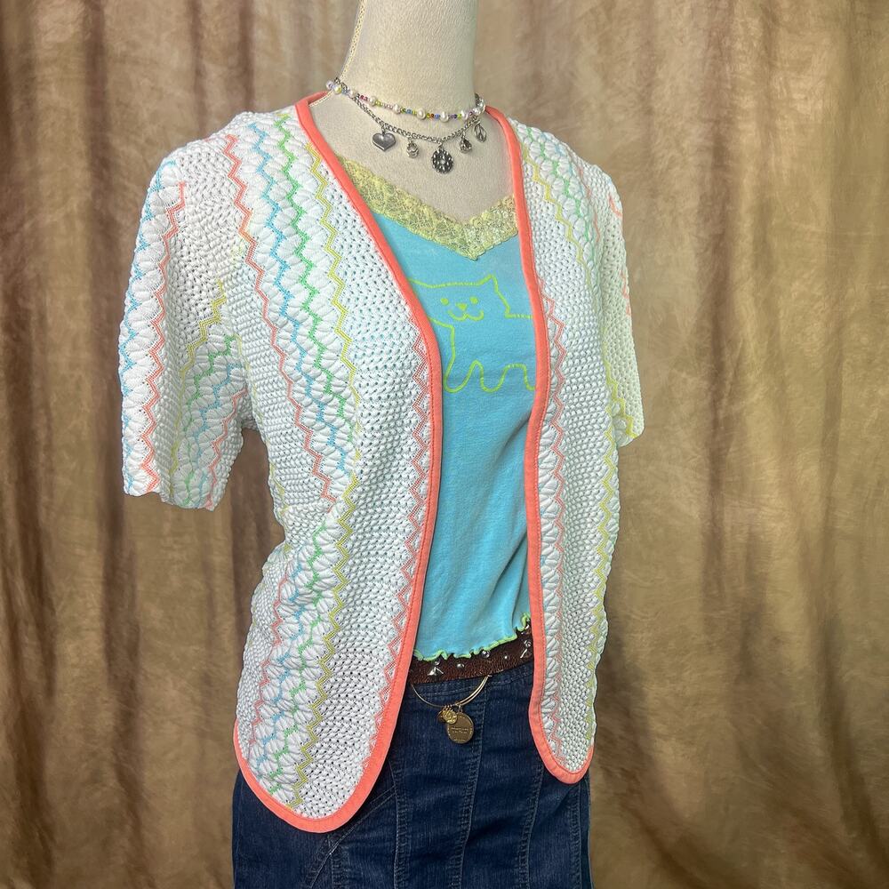 Vintage Crochet Cardigan 70s Pastel Open Front Rainbow Cottagecore Boho Prairie
